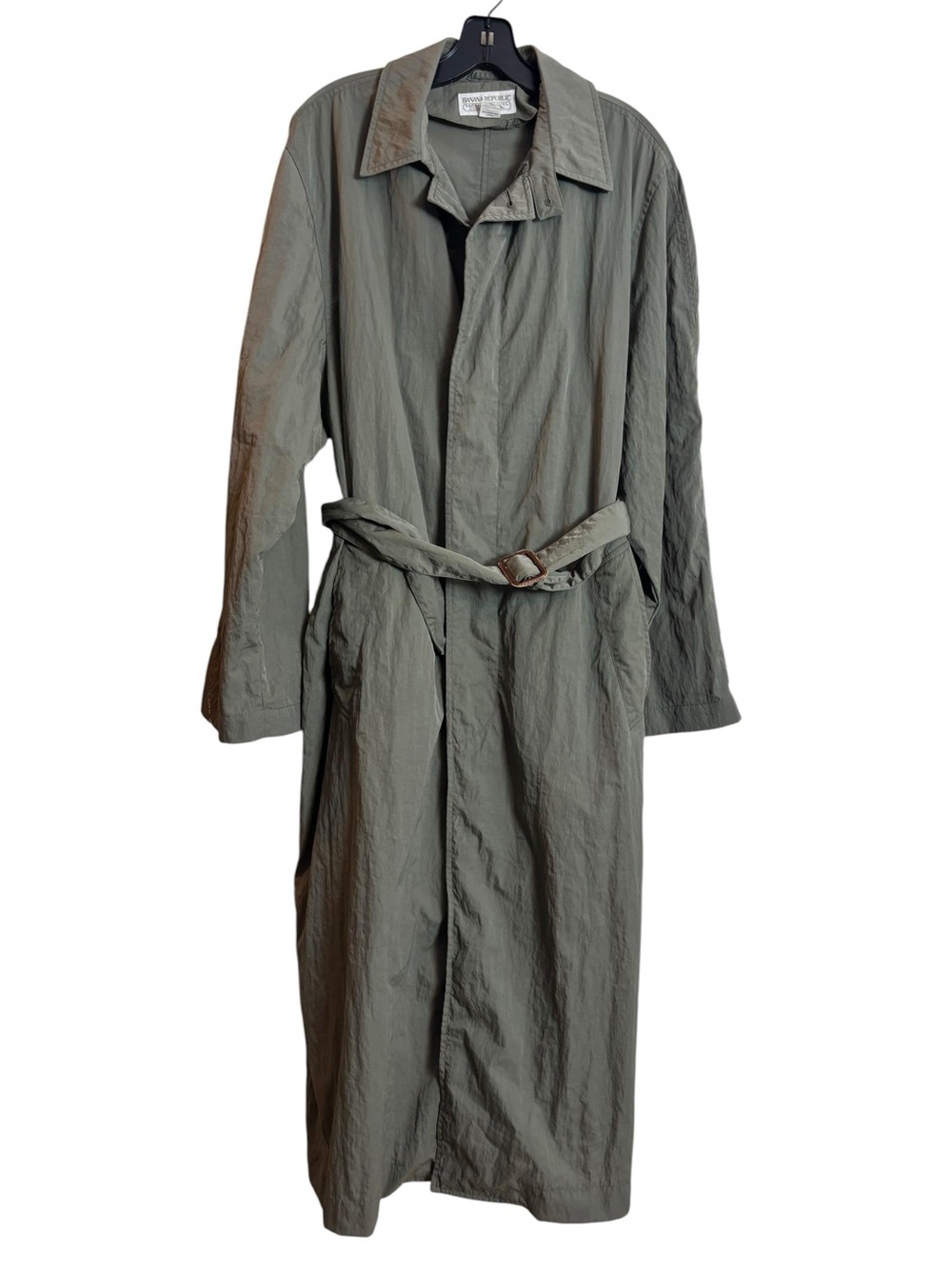 Vintage Banana Republic Safari & Travel Green Nylon Long Trench Coat Medium